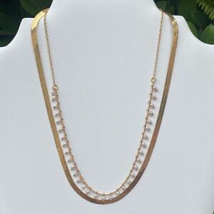 NWOT New Amber Sceats Gold & Pearl 2 Layered Necklace Snake Chain Dainty Bridal